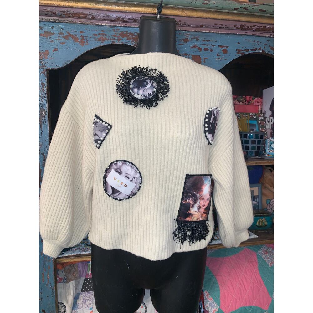 VINTAGE RIBBED PINUP SWEATER-MOVIE STAR PATCHES EMBELLISHED PEARLS, FRINGE